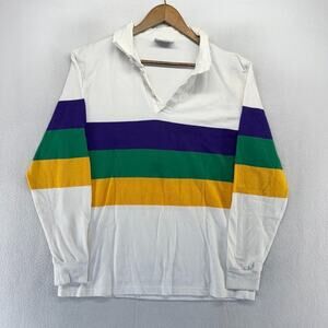 Vintage Mardi Gras Rugby Shirt men's Large White Purple Yellow Green Preppy 90s